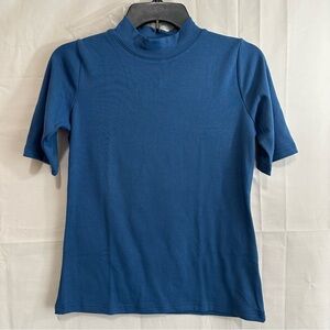 LIYOHON Womens Mock Turtleneck Top Short Sleeve T Shirt Blue Small
